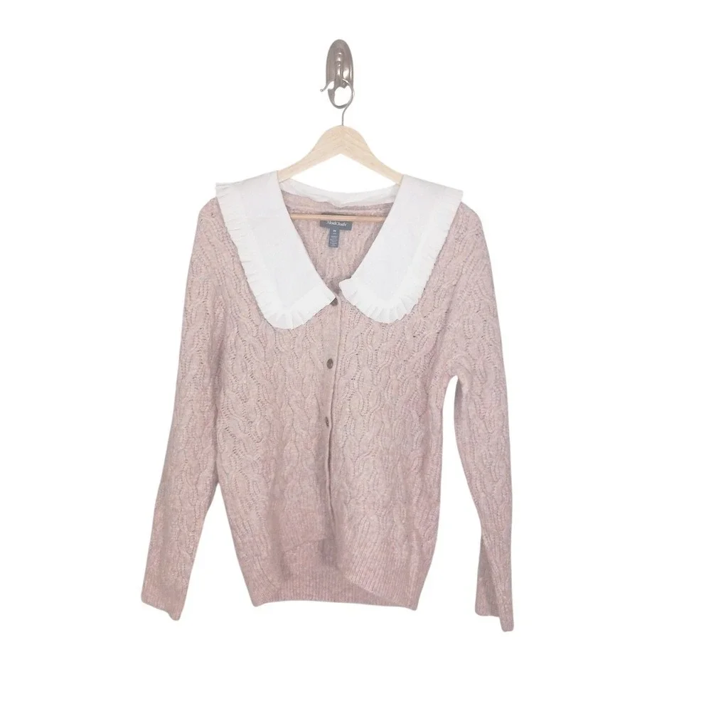 ModCloth Peter Pan Collar Cardigan M Pink Cable Knit Detachable Collar Coquette